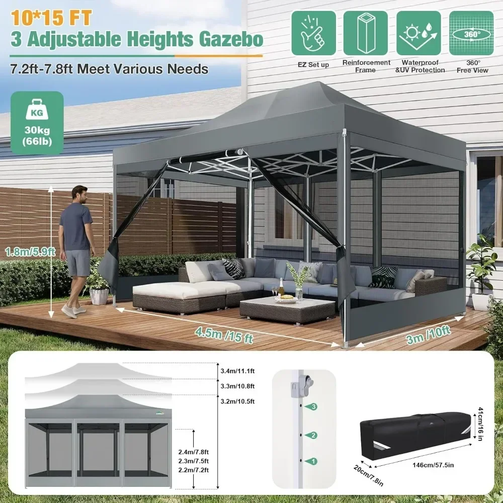 Canopy Tent 10x15 Heavy-Duty, Pop-Up Gazebo with Mosquito Netting, Waterproof Canopy with Sidewalls, Party Tent with Carry Bag