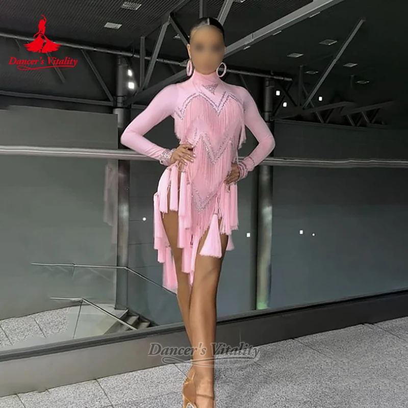 Adolescent Chacha Samba Hight-neck Long Sleeves Dress Customized Adult Latin Dance High Split Tassels Clothing Dancer's Vitality