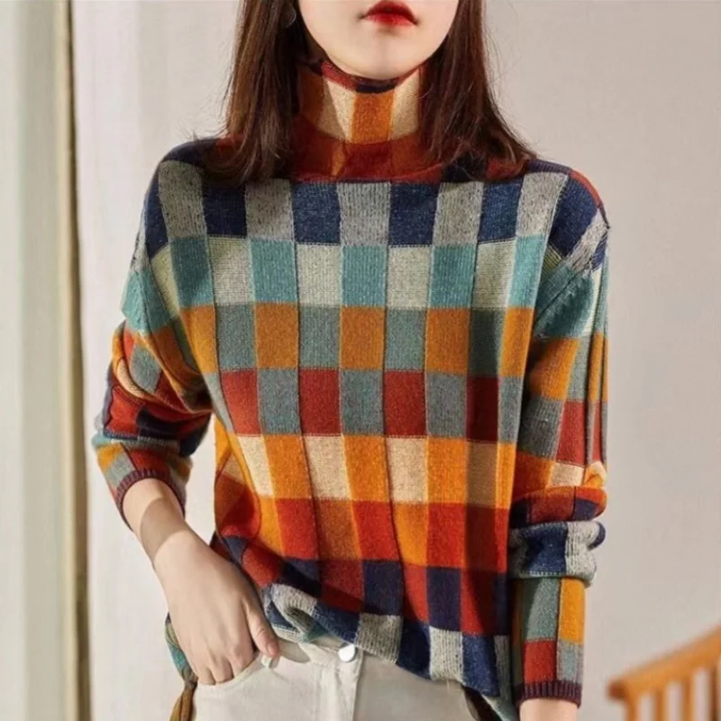 Autumn Winter Women's Colorful Checkerboard Knitwear Loose Turtleneck Long Sleeve Rainbow Color Contrast Checkered Sweater