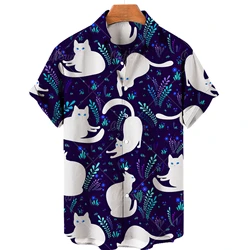 New Cute Cat Print Shirt Men Hawaiian Shirt Summer Casual Top Large Size Loose Simple Shirt Women Single Breasted Button Top 5xl