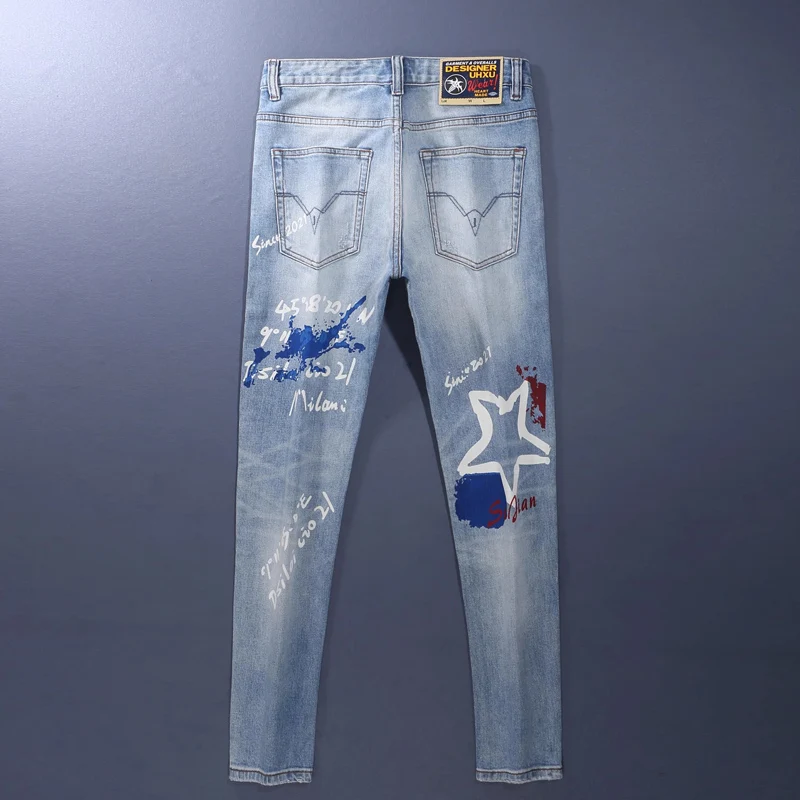 Light Blue High Street Designer Fashion Embroidered Stretchy Washed Nostalgic Perforated Hip-Hop Style Jeans