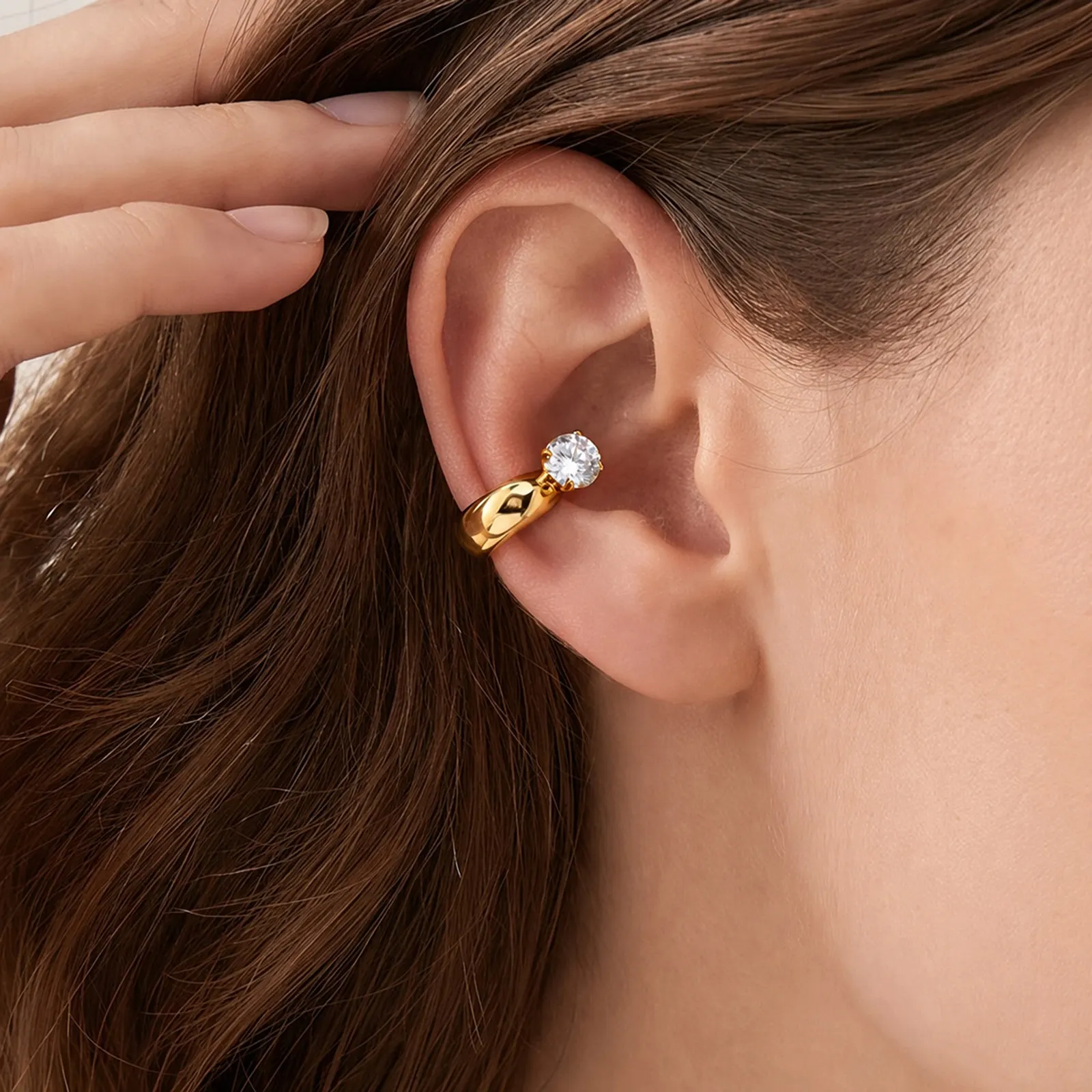 Classic Geometric Zircon Ear Clips Non Piercing Earrings for Women 18K Gold Plated Stainless Steel Double Layer Ear Cuff Jewelry