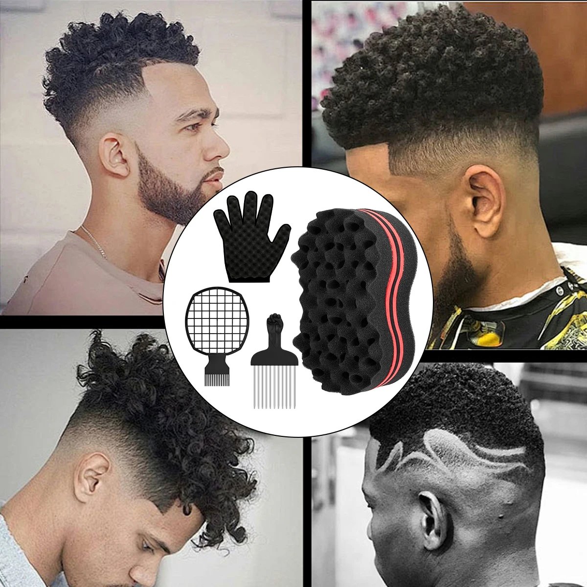 4Pcs Twist Hair Sponges Set Big Holes Barber Hair Brush Sponge Locking Twist Afro Curl Coil Wave Hair Care Tool Curl Brush