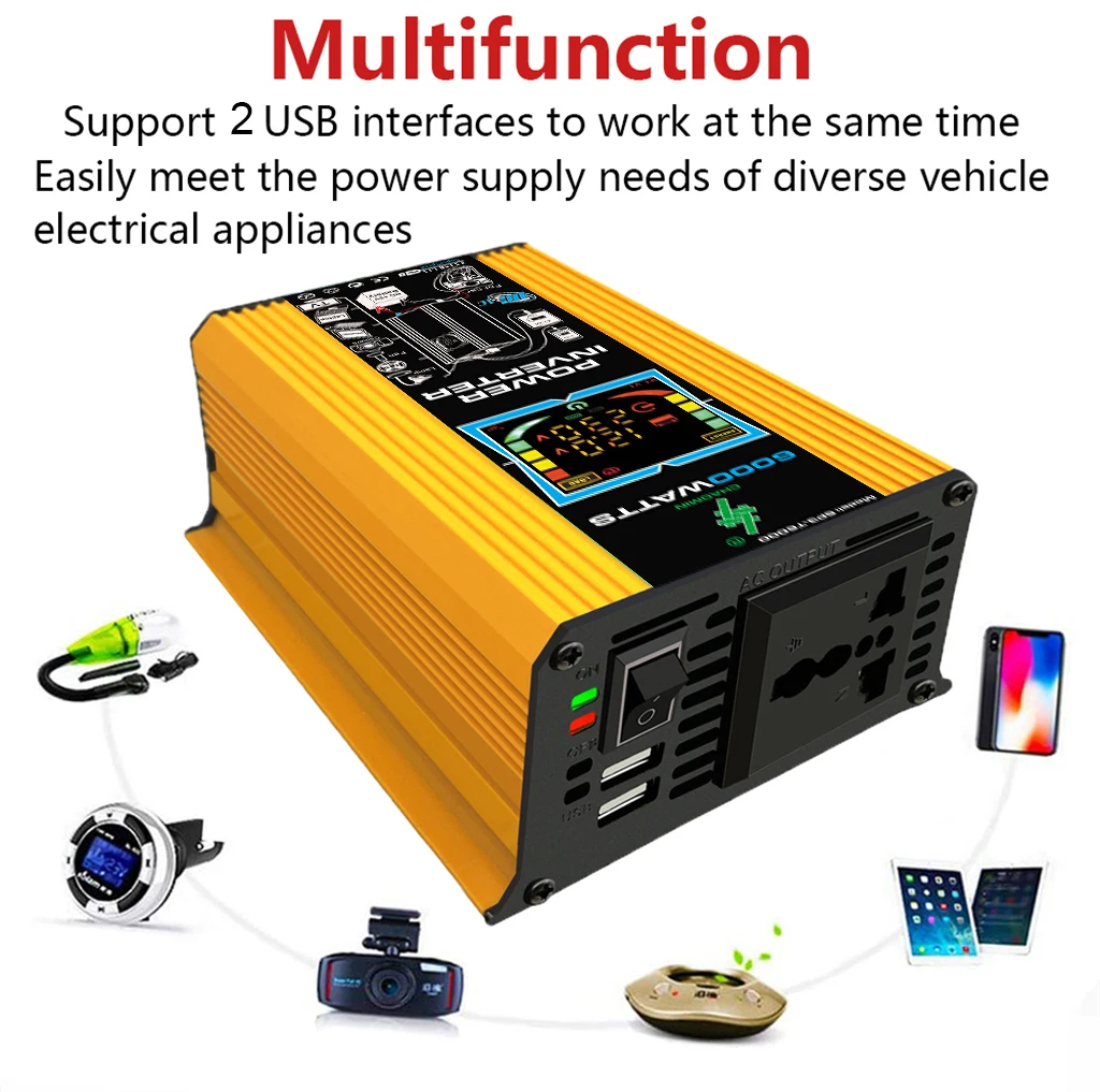 6000W Inverter Conversion Usb Charger With Battery Clip 12V to 220V110V Car Solar Power Converter Voltage Smart LCD Display