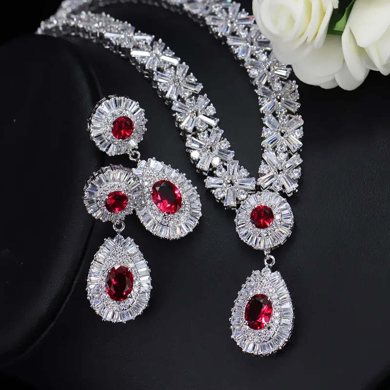 ThreeGraces Luxurious Blue Cubic Zirconia Stone Silver Color Large Bridal Wedding Earrings Necklace Jewelry Set for Women TZ775