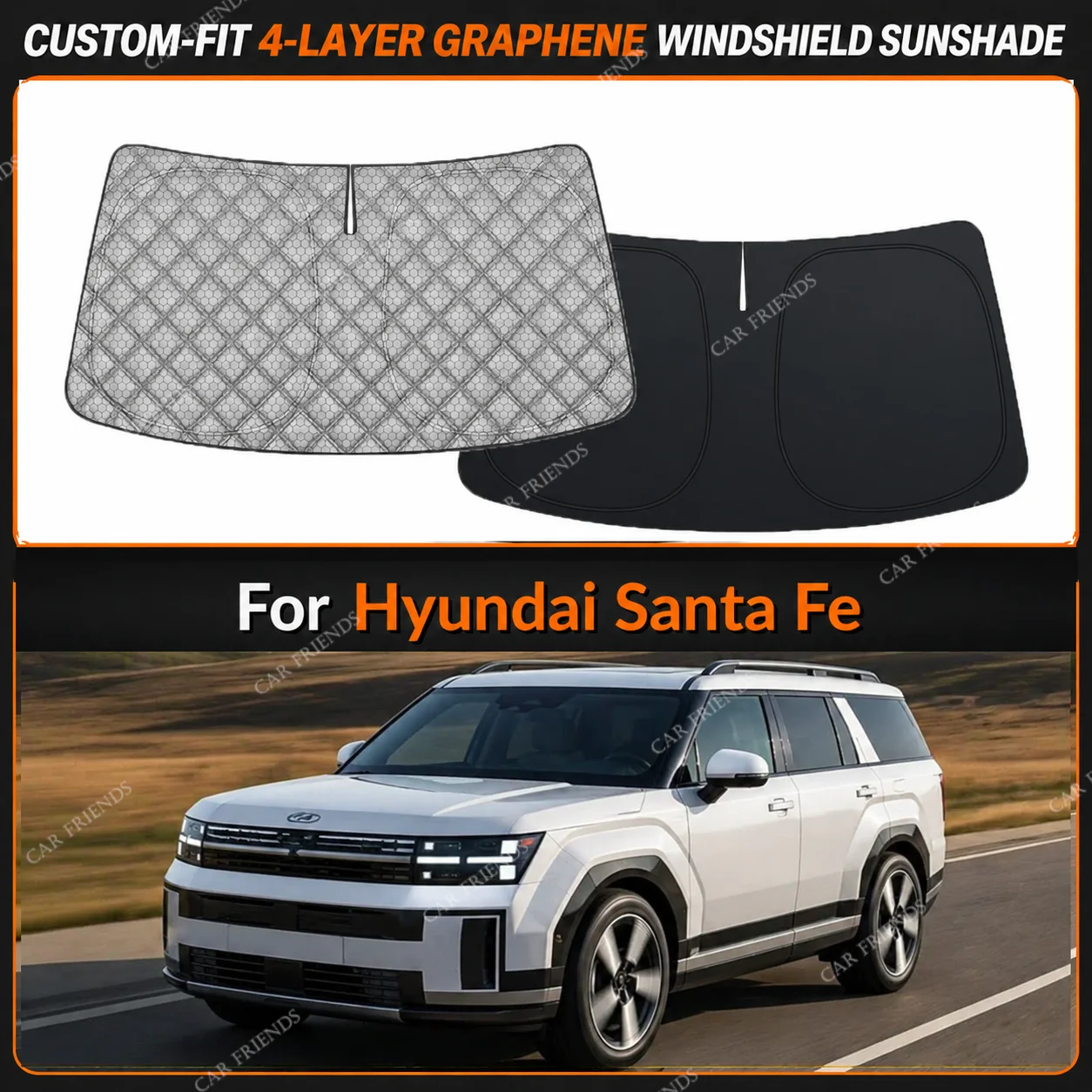 For Hyundai Santa Fe Custom-Fit 4-Layer Graphene Windshield Sunshade Reflective Gray-Silver Surface Helps Reduce Direct Sunlight
