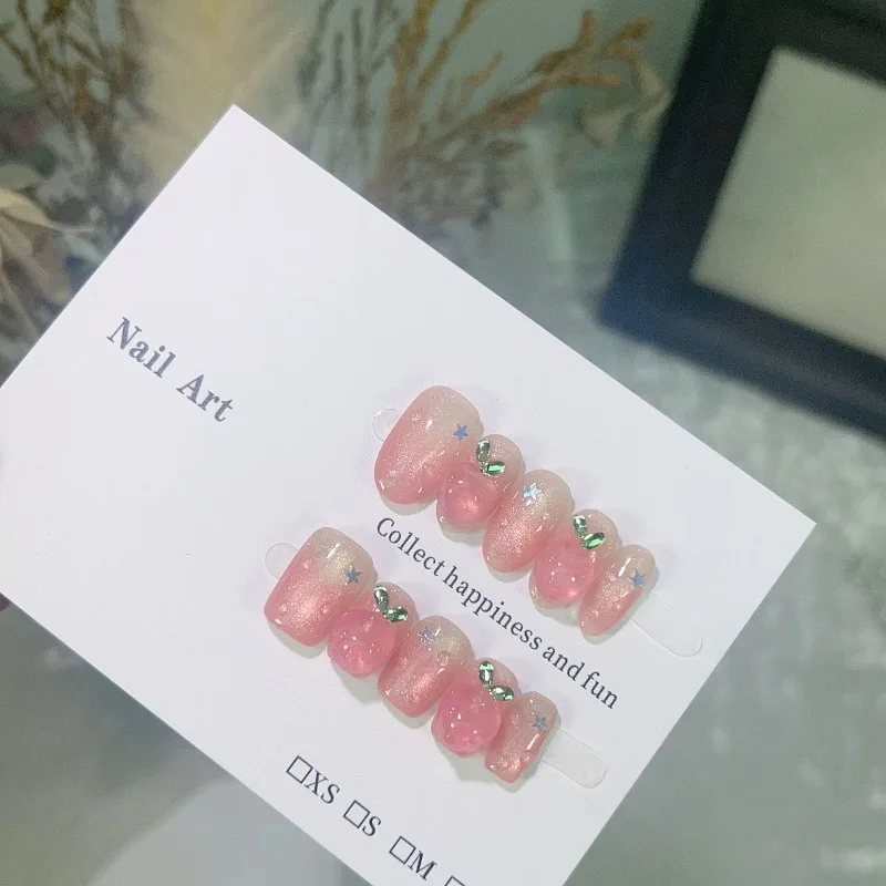 10Pcs Handmade Nails Summer Sweet Girl Hand-Sculpted Apple-Printed Transparent Cat-Eye Press-On Nail—Perfect As A Gift for Girl