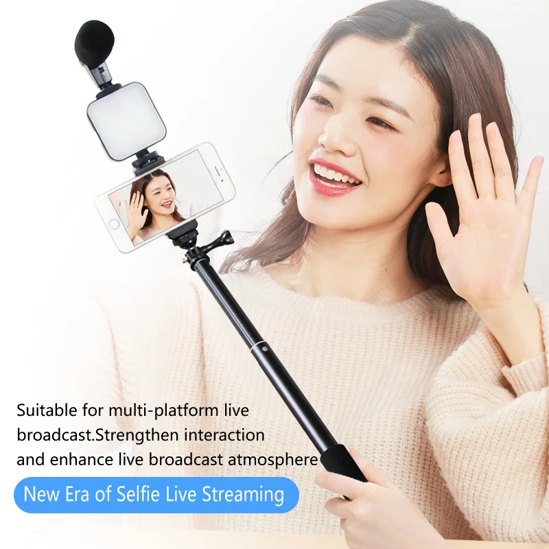 LED ملء ضوء ميكروفون حامل ثلاثي متنقل لايف حامل هاتف الفيديو التصوير Selfie عصا تسجيل مقبض استقرار بلوتوث