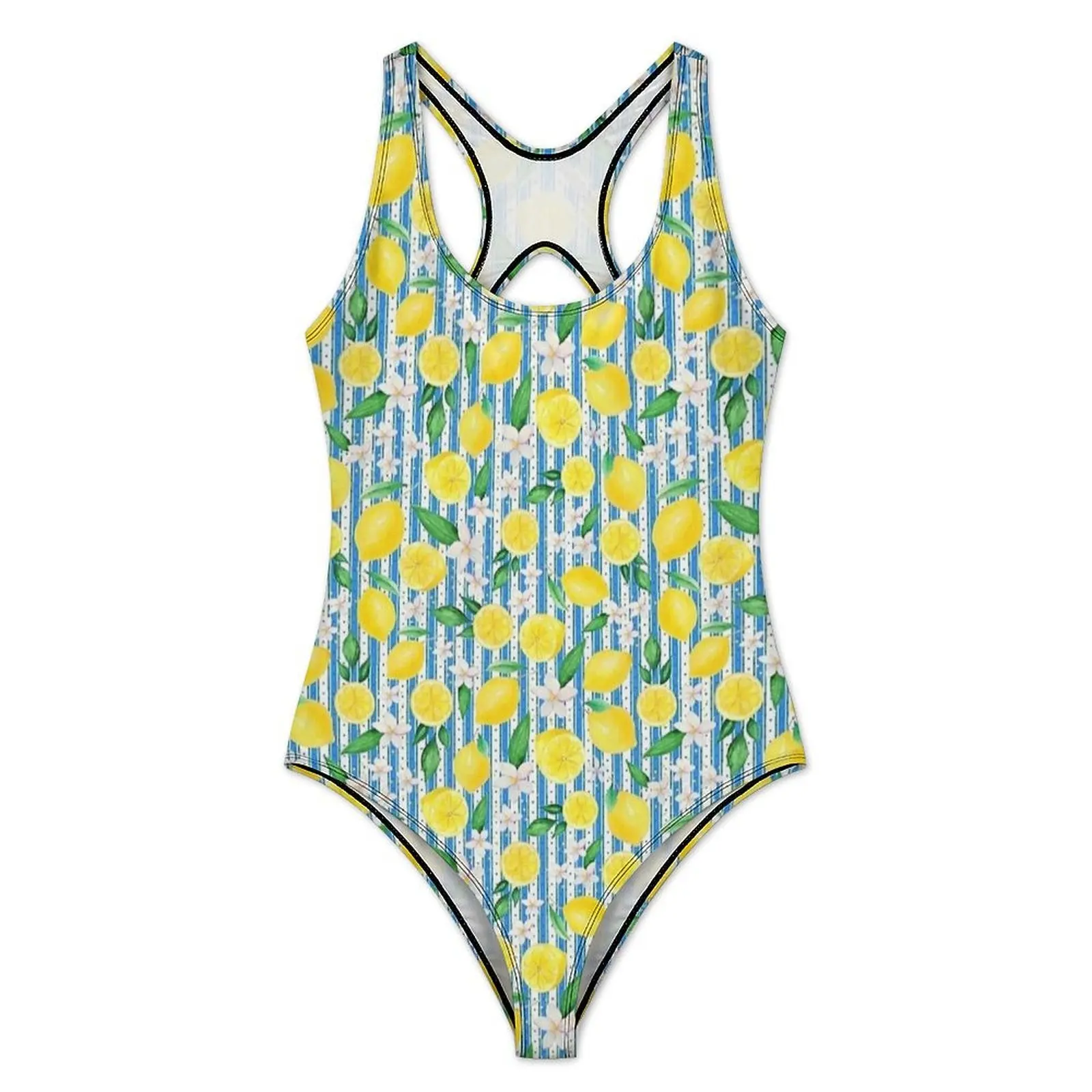 Blue Stripe Lemon Print Swimsuit Sexy  One-Piece Swimwear Push Up Swimsuits Stylish Sport Beach Wear