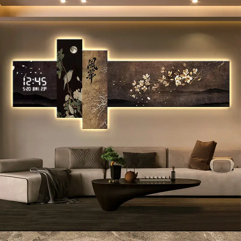 Middle Ancient Style Living Room Decoration Painting Led Electronic Clock Modern Sofa Room Background Luster Wall Light Painting