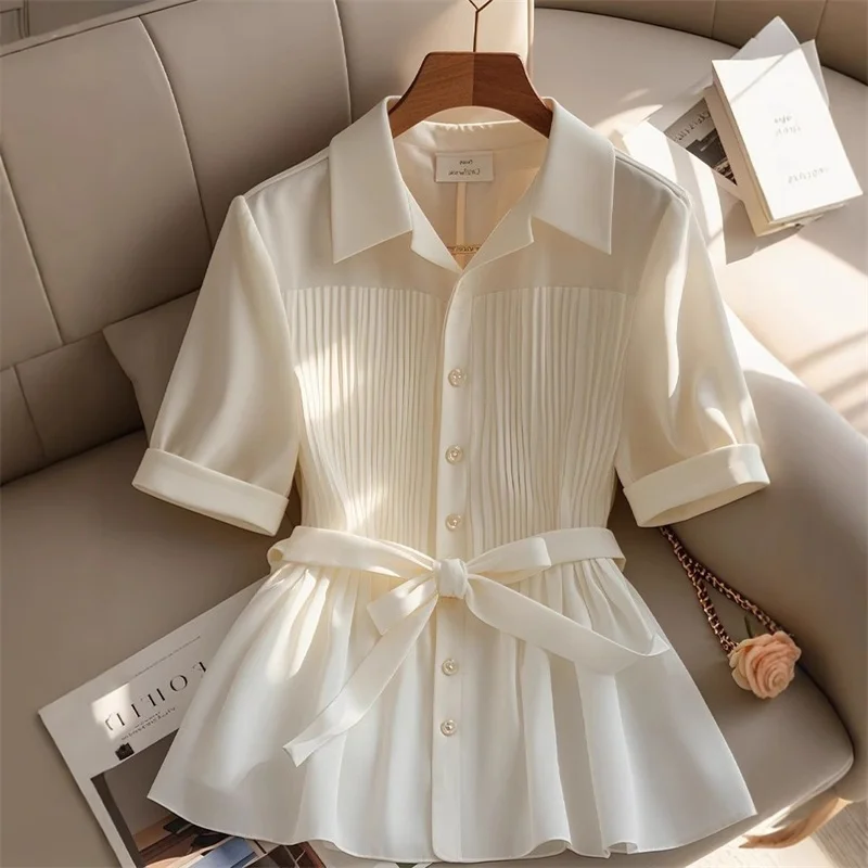 

High-end Design Temperament Waist Cinched Chiffon Shirt Summer New Women Korean Loose Elegant Casual All-match Shirt Lady Top