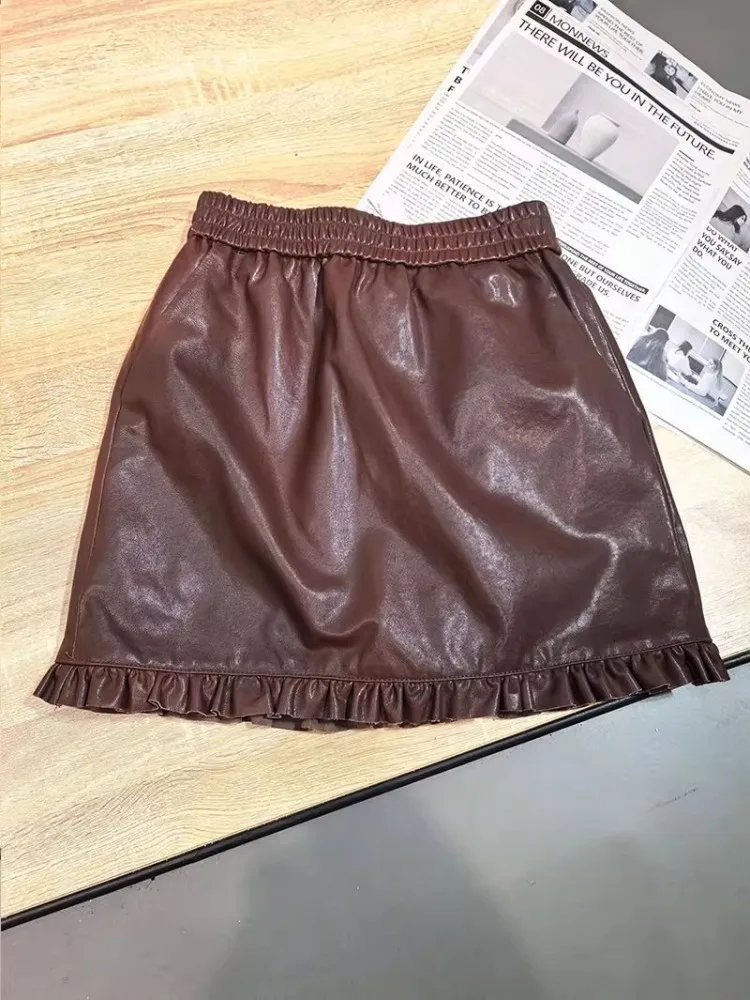 Sweet Women Slim Fit A Line Ruffles Wrap Skirt Elastic Waist Soft Sheepskin Genuine Leather Skirt Casual Streetwear Autumn Skirt