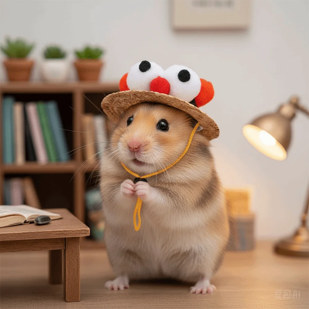 

Cute Adjustable Hamster Straw Hat Breathable Elastic Strap Pet Sun Hat Plush Eyes Decorative Rabbit Cap Photo Props