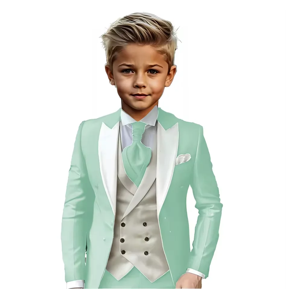 Lavendelfarbenes 3-teiliges Anzugjacken-Weste-Hosen-elegantes Slim-Fit-Set für Jungen, individueller Kinder-Smoking für Hochzeit, Pageboy, Abschlussball, Ostern, Familienparty