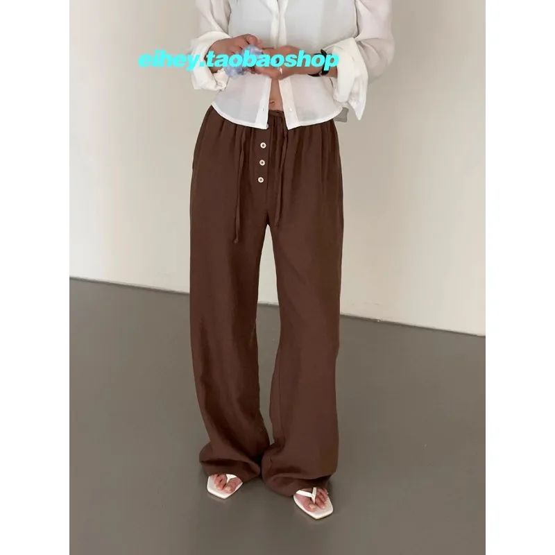 High Street Fashion Drawstring Multi Button Loose Wide Leg Pants Women 2024 Summer New Korean Solid Color All Match Casual Pants