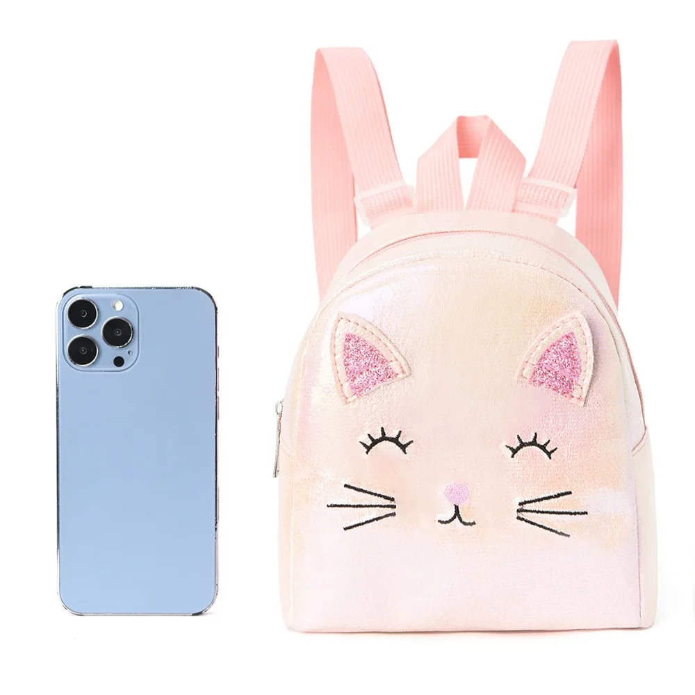 Mini bolso escolar informal con diseño de gato de dibujos animados, mochila bordada, bolso láser para niñas