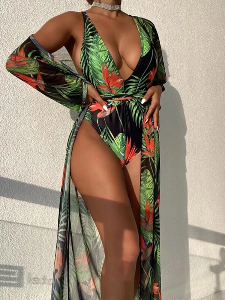 Swimwear Women Low Cut Print Bodysuit Mesh Long Cover-Ups Summer 2026 New Bikini Set Sexy Fashion Holiday Bathing Suit