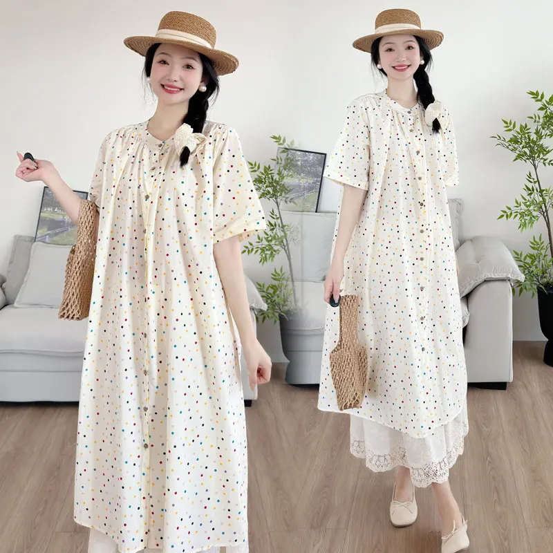 Summer Oversized Women's Clothing Colorful Polka Dot Shirts Short Sleeve Button Fly Tall Lady Shirt Plus Size Maternity Blouses