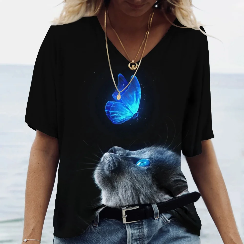 

Fun 3D Printed Little Cat Women's T-Shirt Summer Daily Casual Street V-Neck Short-Sleeved Tees Personality Fashionable Girl Tops