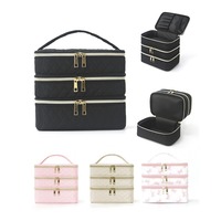 Triple Layer Travel Makeup Bag Large Capacity Portable Toiletry Organizer with Handle Waterproof Cosmetic Storage Case