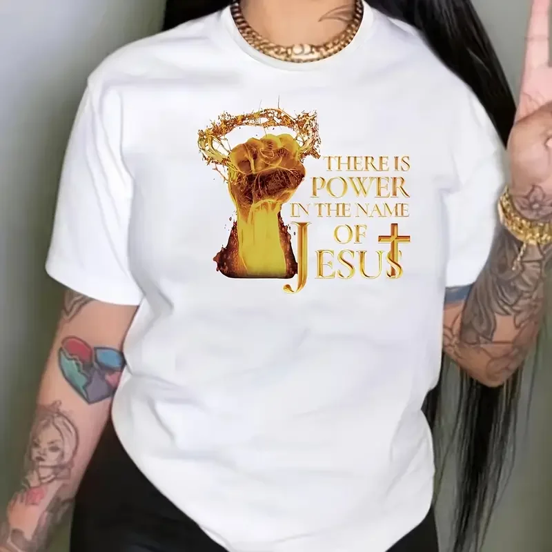 Jesus Letter Print T-Shirt Casual Crew Neck Short Sleeve T-Shirt Women's Clothing Tee Women Men Streetwear Fashion Clothes