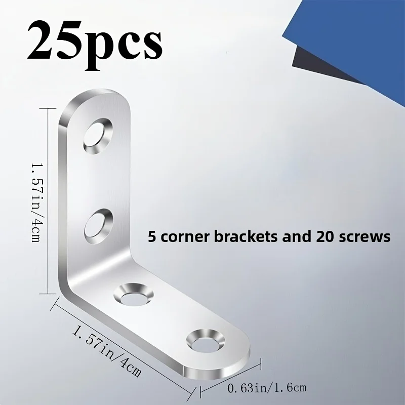5Sets Stainless Steel L Bracket 90 Degree Right Angle Support 1.57x1.57Inch with Screws for Furniture Shelf Fixing