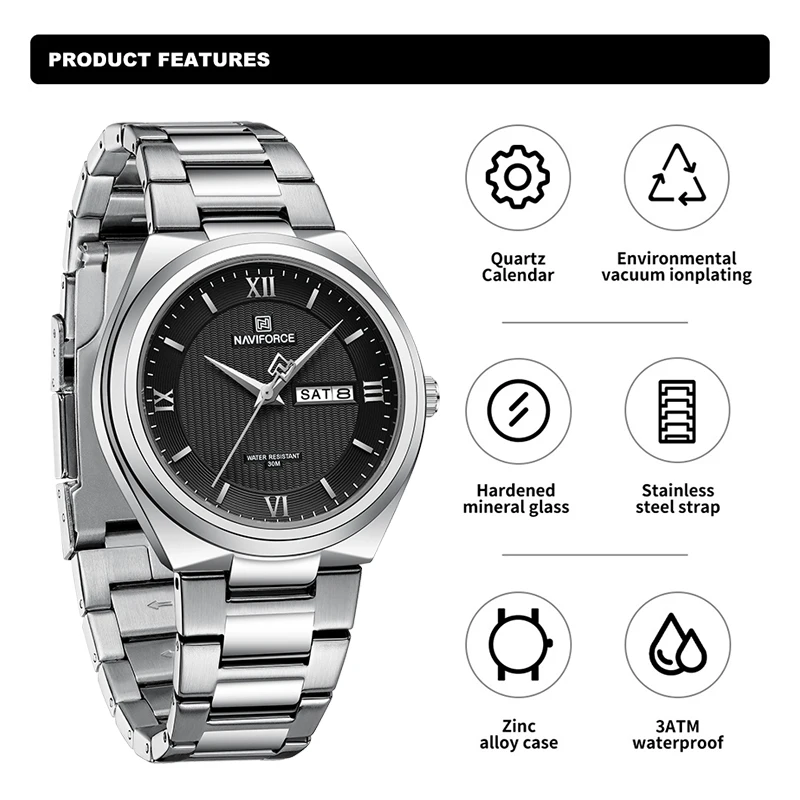 NAVIFORCE 8030 Simple Fashion Men\'s Watches Quartz Calendar Display Sports Waterproof Man Wristwatch Satainless Steel Male Clock