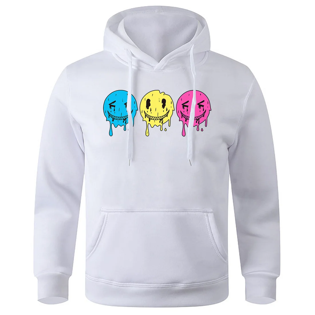 

Three Happy Faces Melting Print Men Tracksuit Soft Breathable Hooded Fashion Classic Streetwear O-Neck Street Loose Hooded Shirt