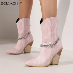 New Women Ankle boots Cowboy for Women Wedge High Heel Boots Chunky Snake Print Chain Zip Western Cowgirl Boots Pink