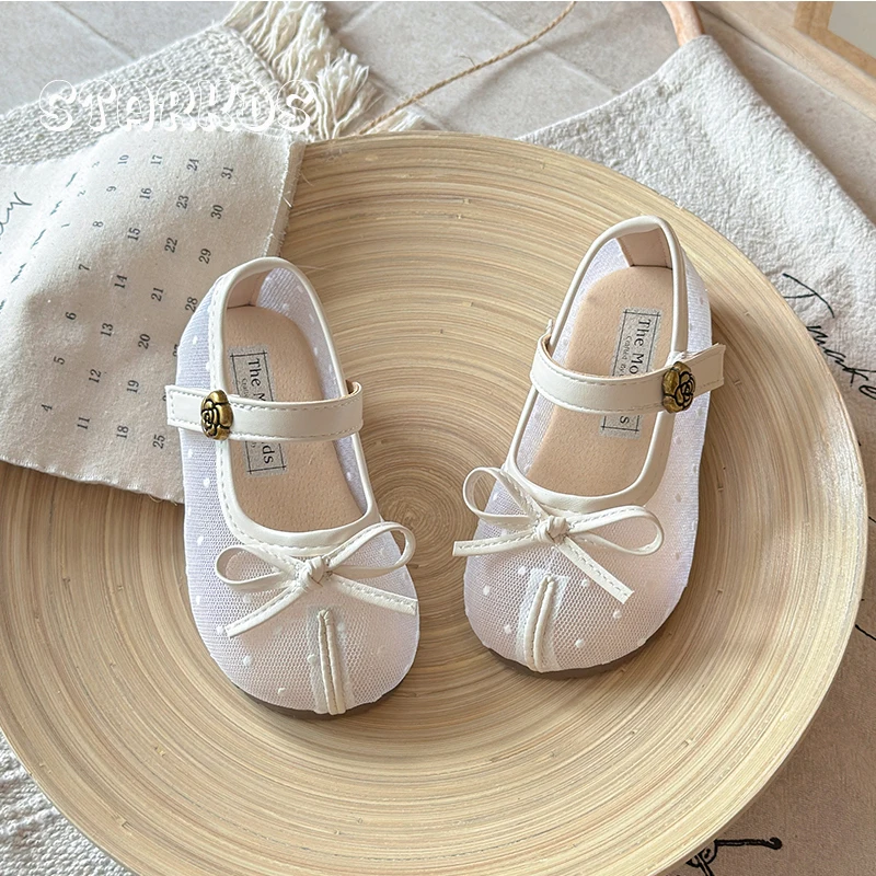 

Elegant Polk Dot Embroidery Mesh Mary Jane Shoes Kid Girl Flower Buckle Bowknot Ballet Flats Baby Child Silk Gauze Dress Shoes