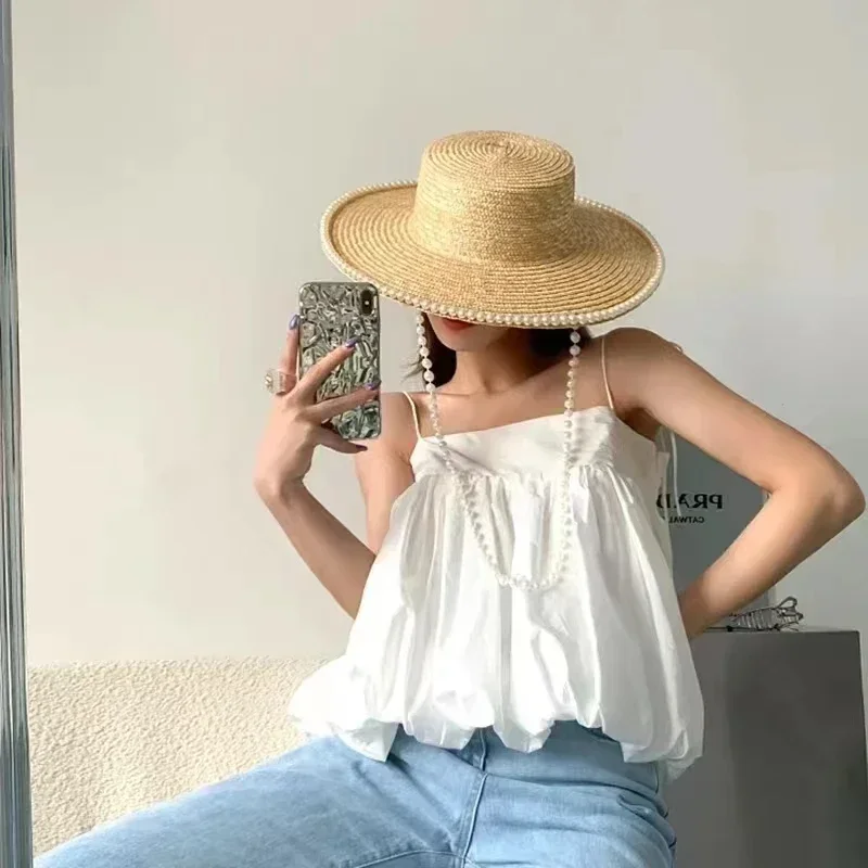 Women's Summer Sun Protection Sun Hats with Pearl Chain, Eaves Straw Fashion Straw Hats for Outdoor Travel