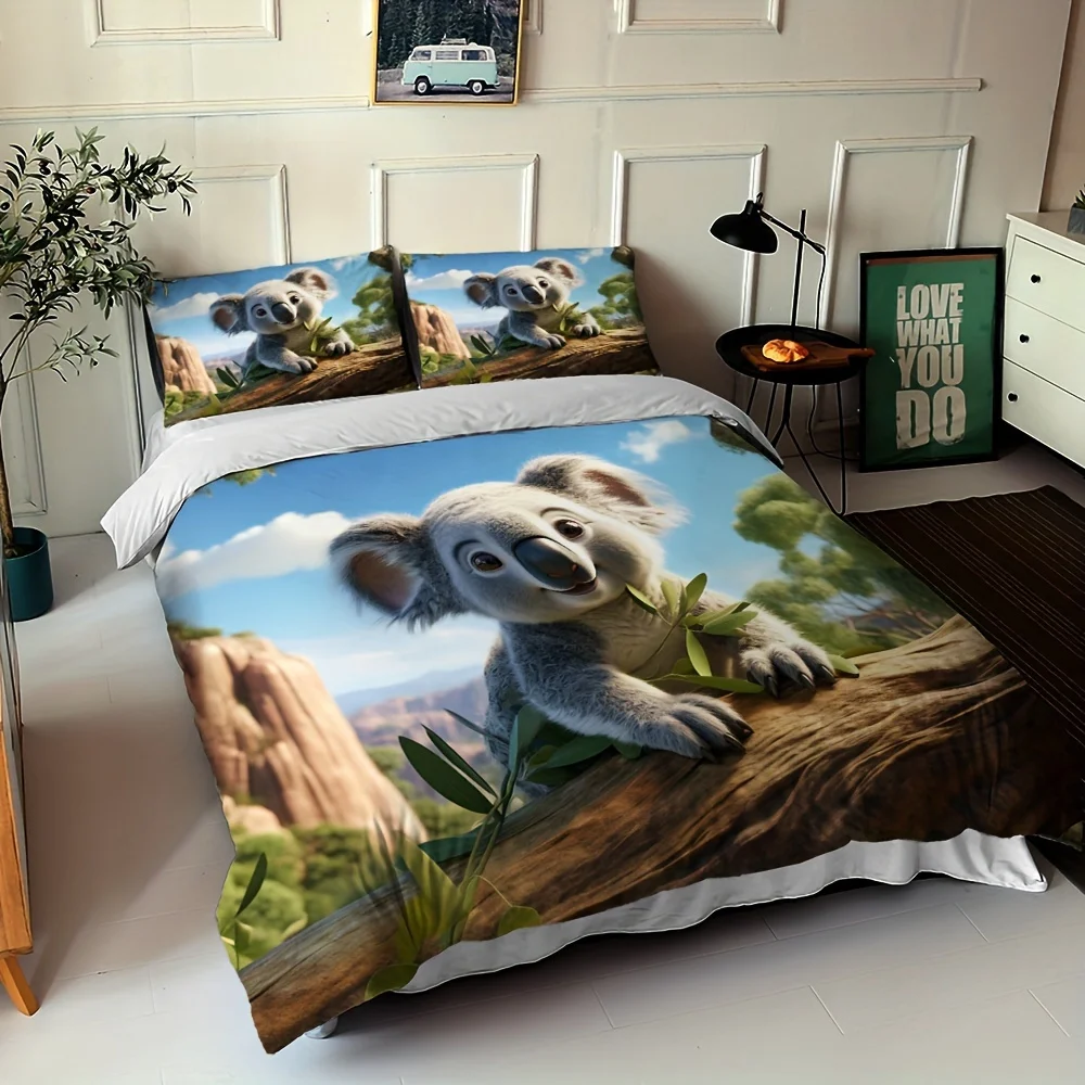 Koala Bedding Set 2/3pcs Digital Print 3D Pattern Soft Skin-Friendly Polyester Cover,Duvet Cover with Pillowcases, Animal Theme