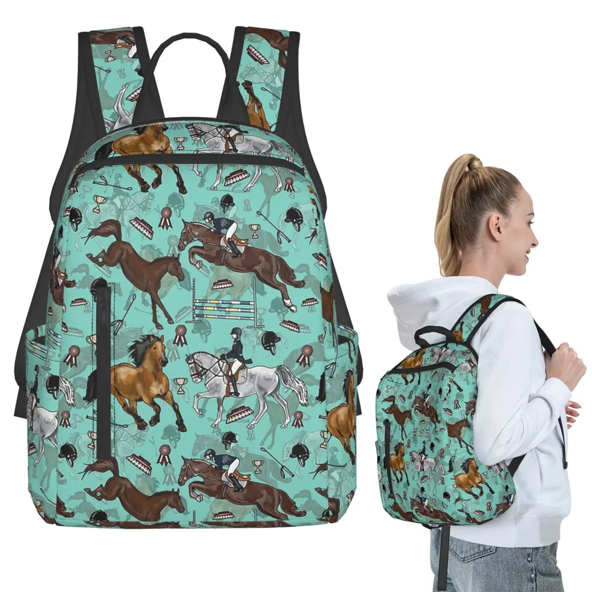 

Equestrian Horses On Teal Backpack Student BookBag Kids School Bag Laptop Shoulder Bags Boys Girls