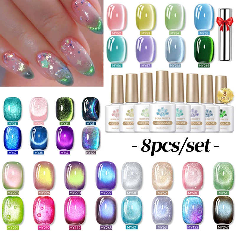 

BORN PRETTY 8Pcs Cat Magnetic Nail Gel Polish Set Moonlight Glitter Sparkling Summer Semi Permanent UV Gel Soak Off Nail Gel Kit