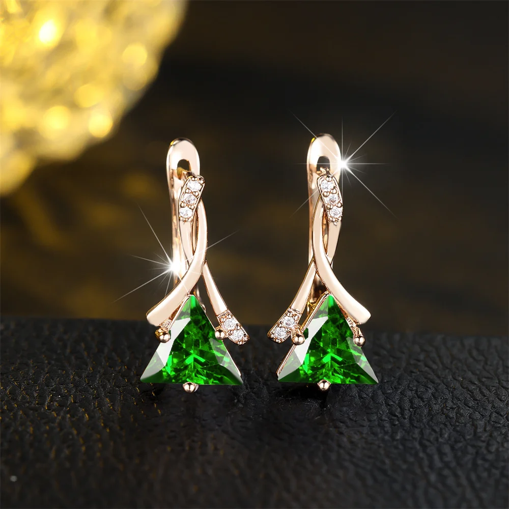 Vintage Blue Green Zircon Triangle Stone Hoop Earrings For Women Trendy Gold Color Ear Buckle Wedding Jewelry Gift