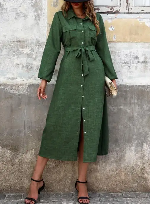

Women Dress 2025 Elegant Autumn Lapel Long-Sleeved Pure Color Dress Shirt Style with Button Front Belted Waist and Puff Sleeves