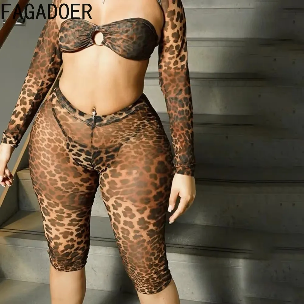 Fagadoer sexy malha ver através de leopardo impressão conjuntos de duas peças feminino topo de colheita + casaco de manga longa + shorts outfits feminino clubwear