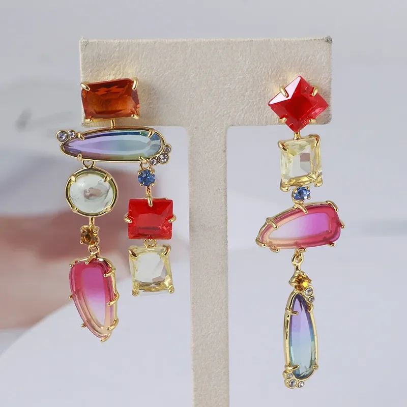 

European And American Tide Jewelry Wholesale Asymmetric Gradient Color Translucent Crystal Long Earrings