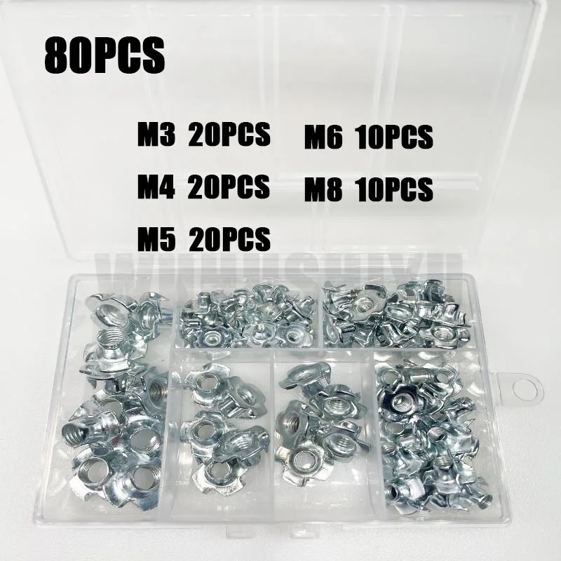 80pcs 4 Prong Zinc T-Nut Kit - Steel Assortment, 5 Sizes M3/M4/M5/M6/M8, Rugged Case