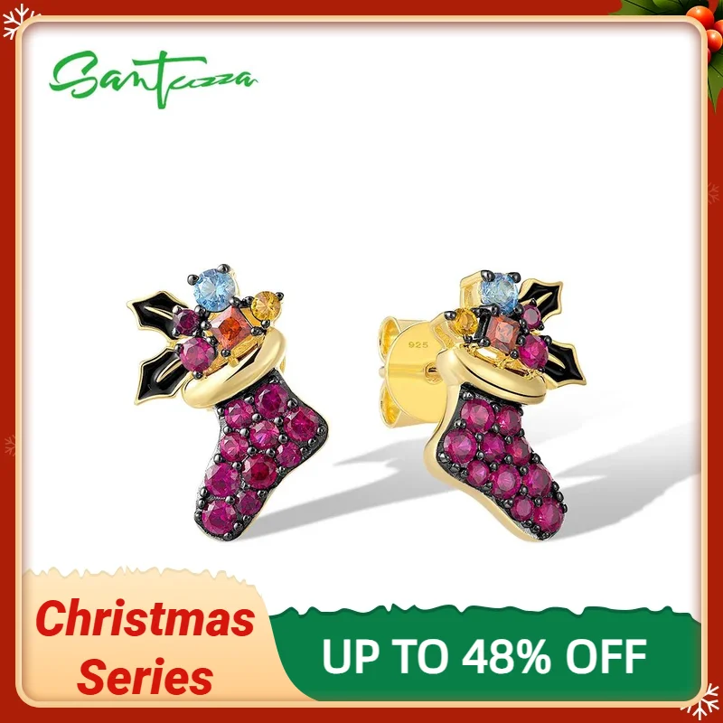 

SANTUZZA Real 925 Sterling Silver Earrings For Women Sparkling Created Ruby Lovely Christmas Stockings Gifts Enamel Fine Jewelry