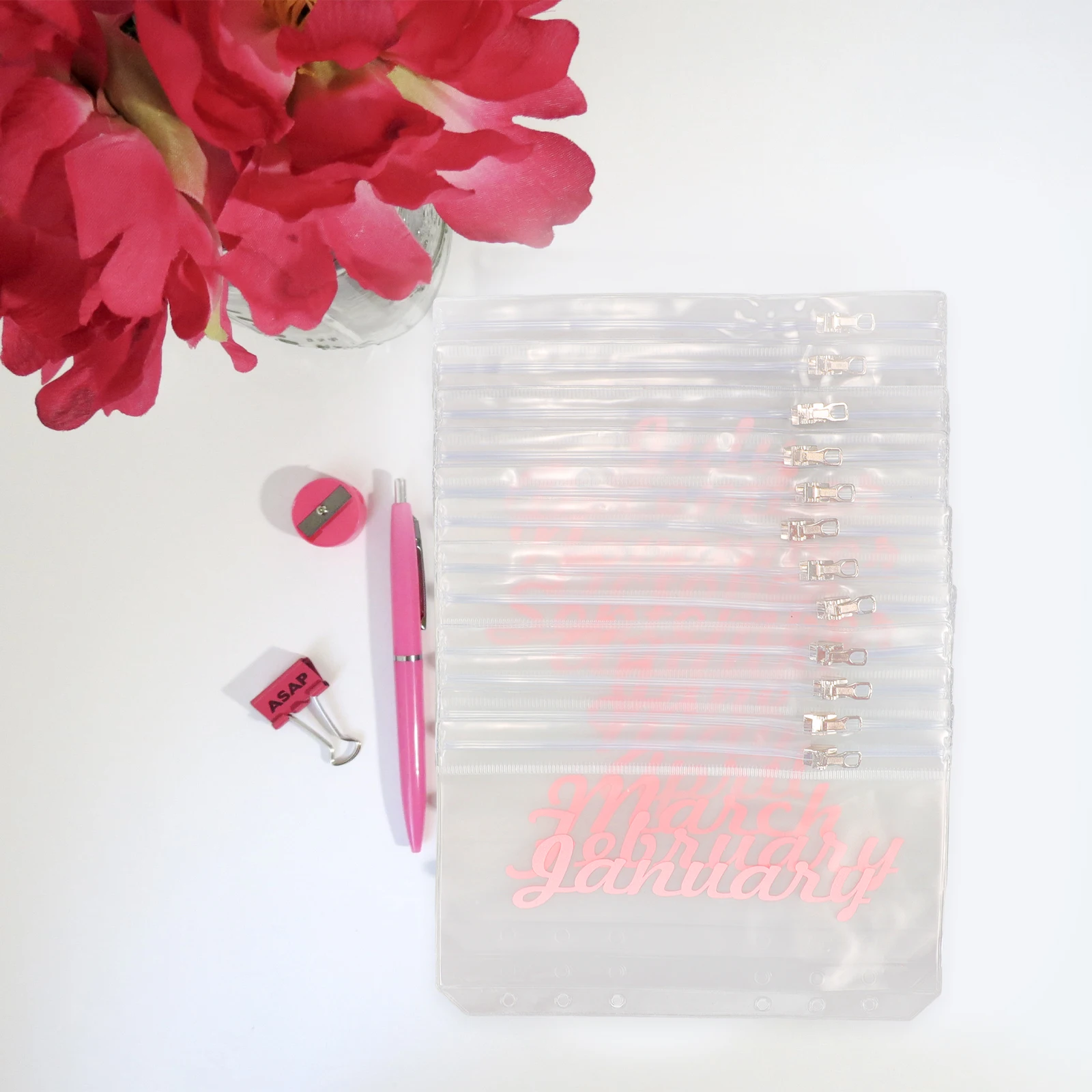 

12 Pcs Budget Envelope Loose Leaf Bag Binder Clips Pvc Refill Pocket Pink 6 Hole Large Storage Monthly Savings Money Saving