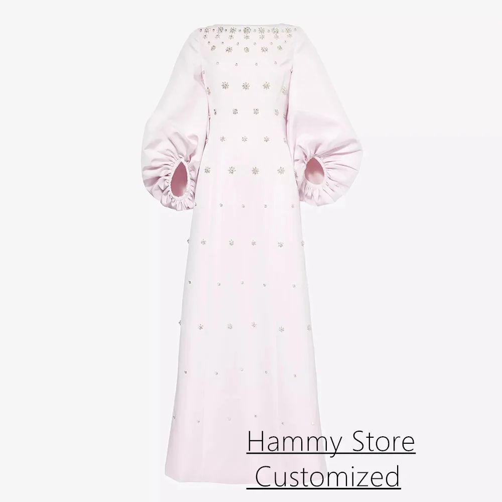 فستان سهرة وردي فاتح مخصص بأكمام منتفخة ورقبة مربعة وأحجار الراين مطرز على شكل حرف A فستان حفلة موسيقية عربي مع كيب #5