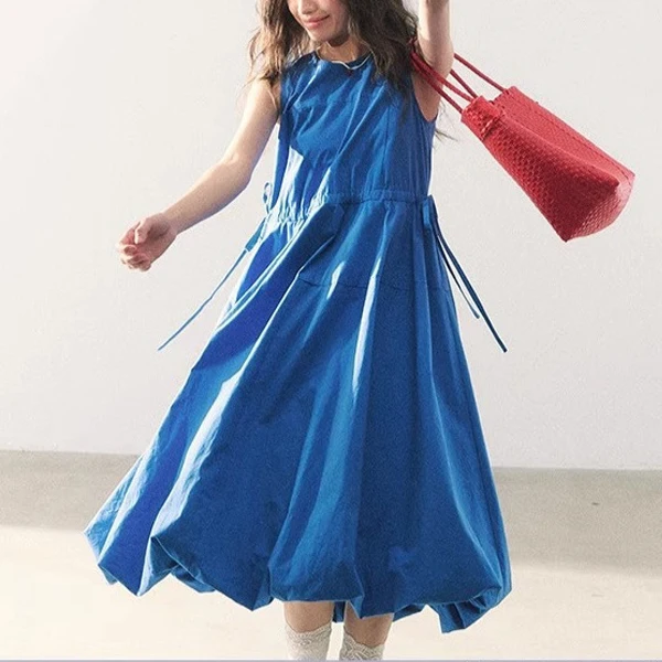 2025 ผู้หญิงฤดูร้อนชุดยาวสีฟ้าแขนกุดหลวมสไตล์ Boho Maxi ชุด Vestidos เสื้อผ้าผู้หญิง