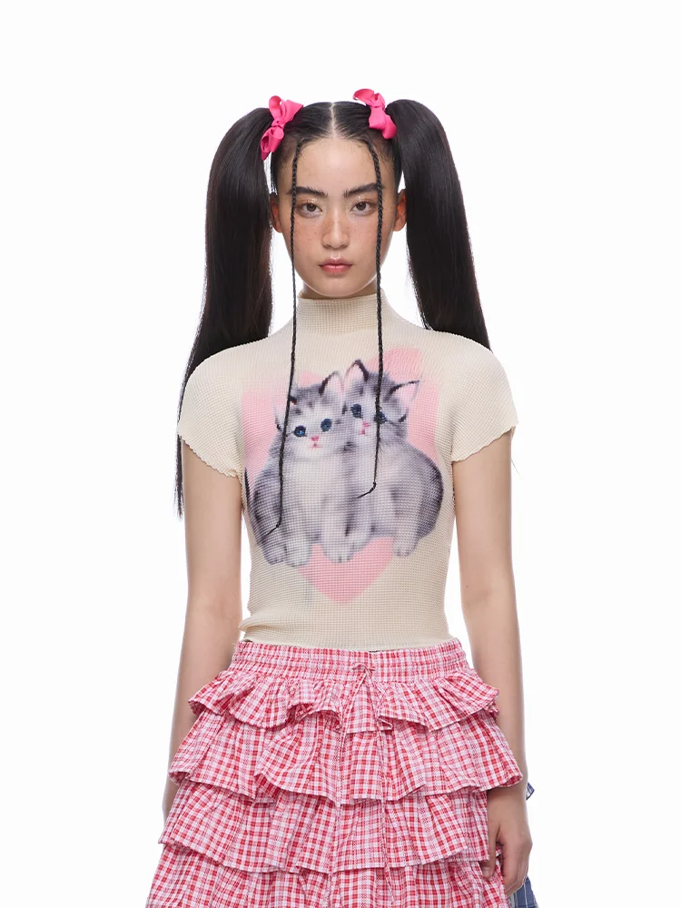 

Женский летний топ MOF Girl: желтый, с принтом, воротником-стойкой, плиссированный, с двумя котятами, модный