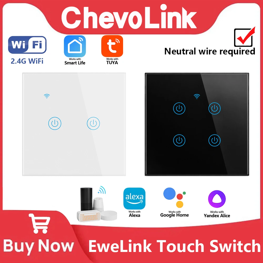 Smart Touch Switch WiFi eWeLink, Tempered Glass Panel, Google Home Alexa Voice Control, Programming & Remote Control, 1/2/3/4 Bu