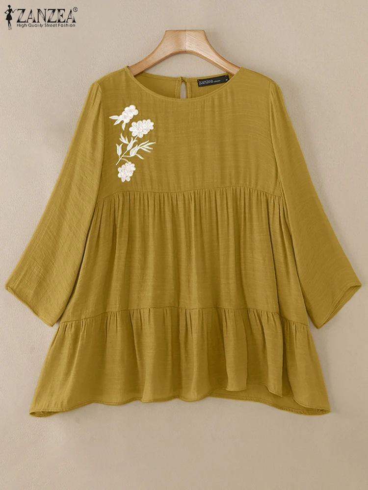

Women Round neck Buttons Tops ZANZEA Fashion Floral Embroidery Shirt 2025 Spring 3/4 Sleeve Shirts Casual Loose Pleating Tunics