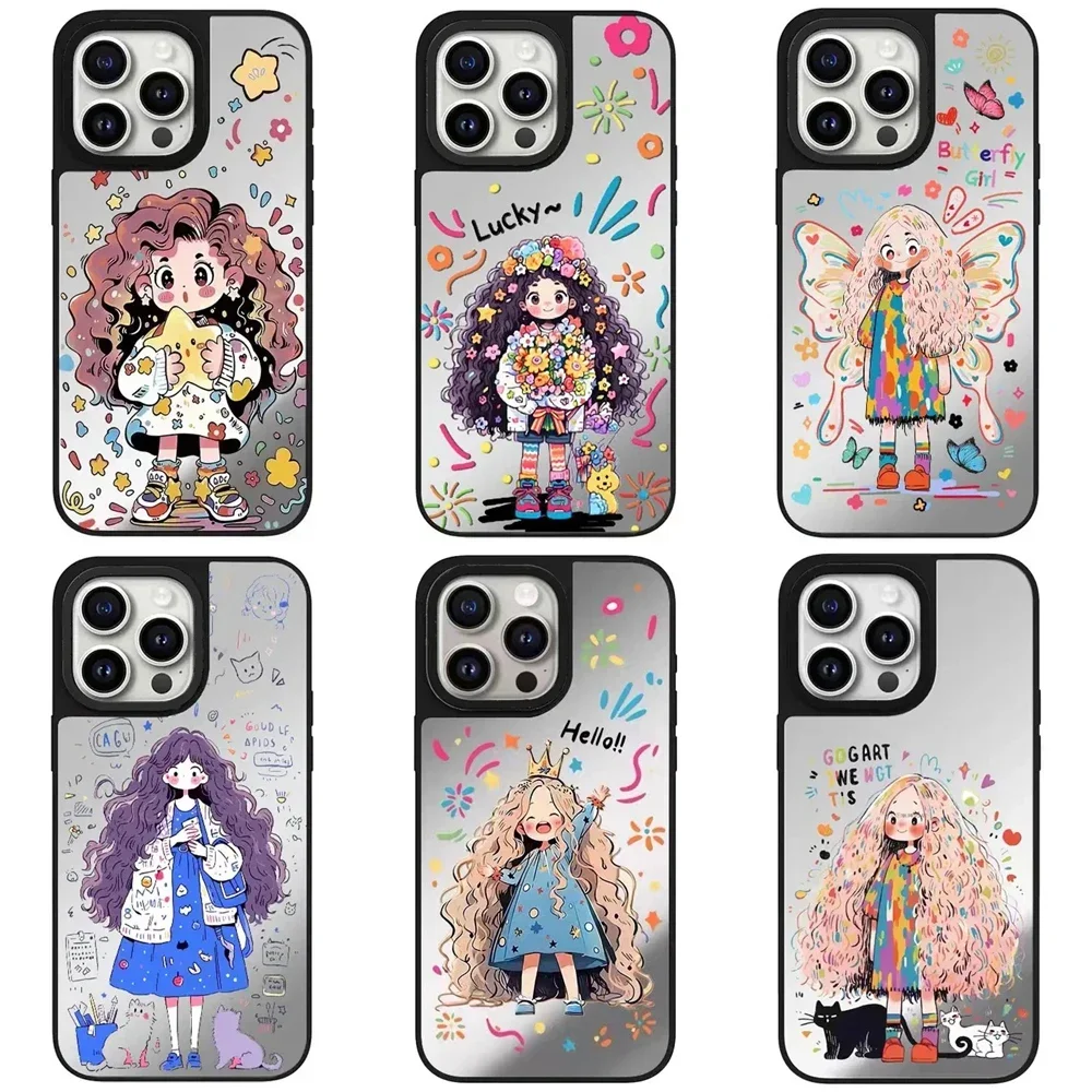 

Curly Haired Girl Mirror Magnetic iPhone 11 12 13 14 15 16 Pro Max Protective Case with MagSafe