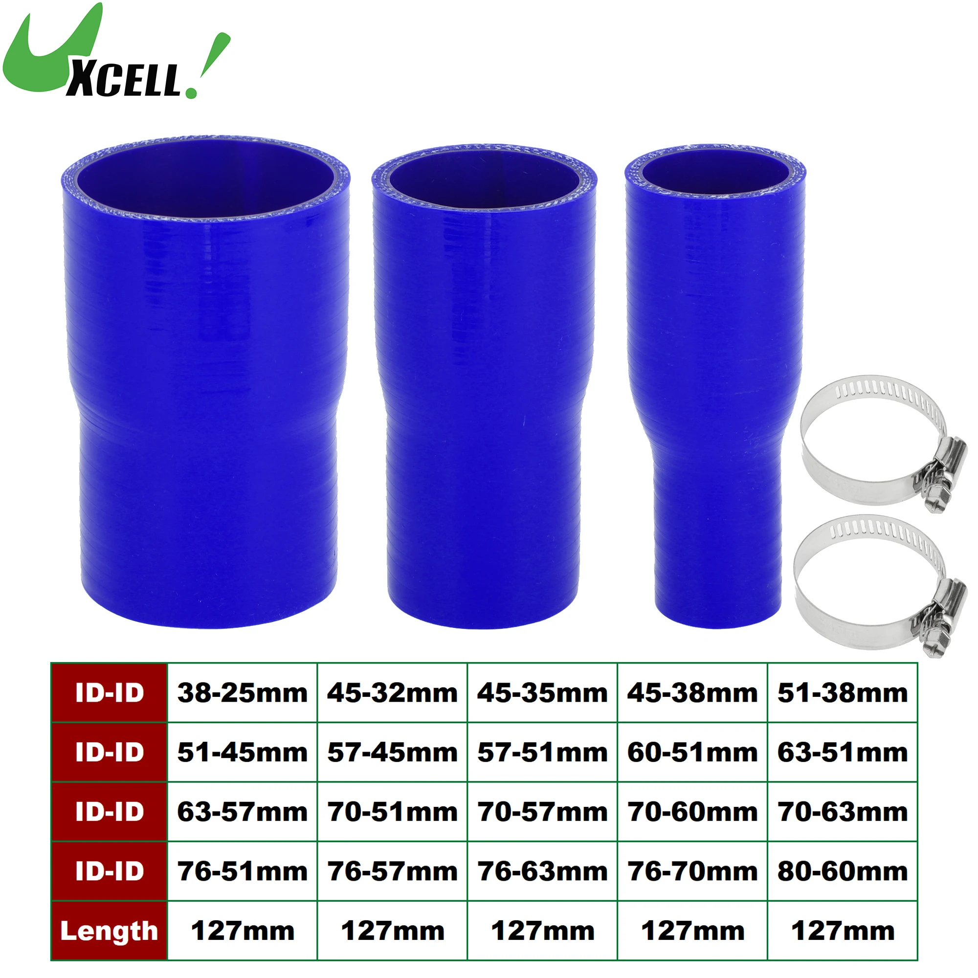 UXCELL ID 38-25mm 45-38mm 63-51mm 70-63mm 76-63mm 80-60mm 127mm Length 0 Degrees Car Silicone Hose w/ Clamps Coolant Hose