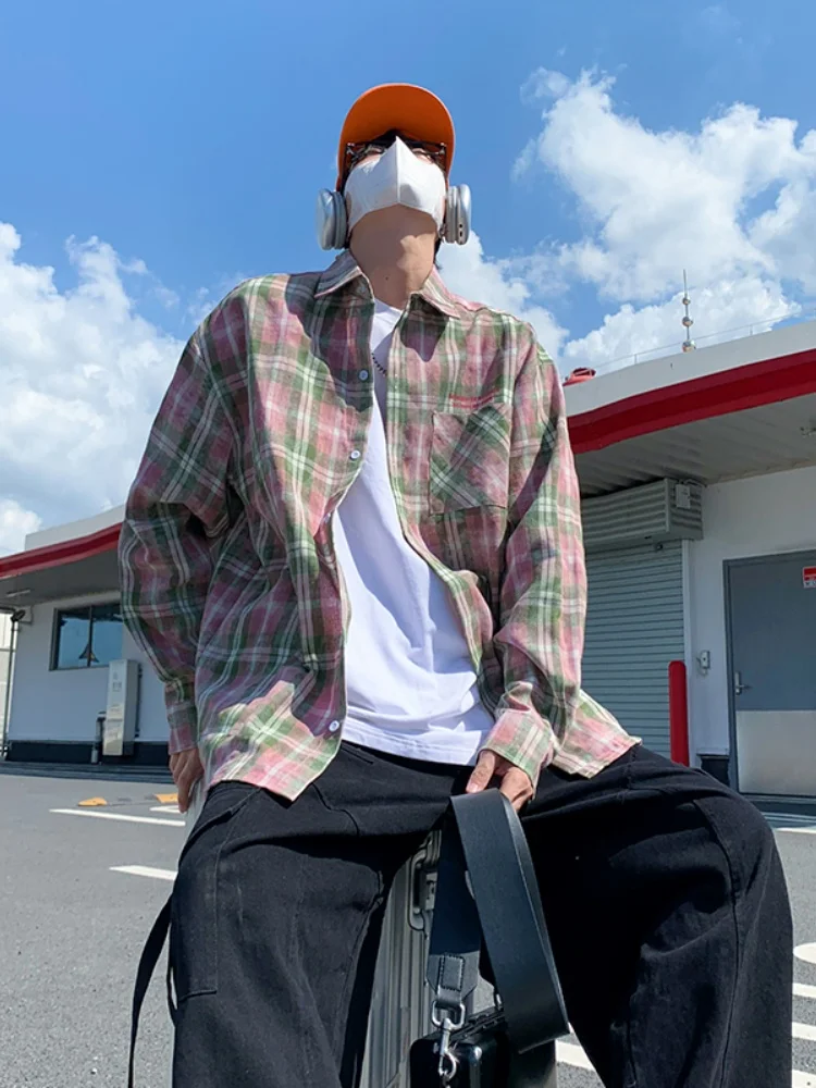 

Мужская рубашка в американском ретро-стиле с эффектом тай-дай, молодежный клетчатый топ, весенняя модная верхняя одежда, повседневная свободная рубашка с длинным рукавом на пуговицах