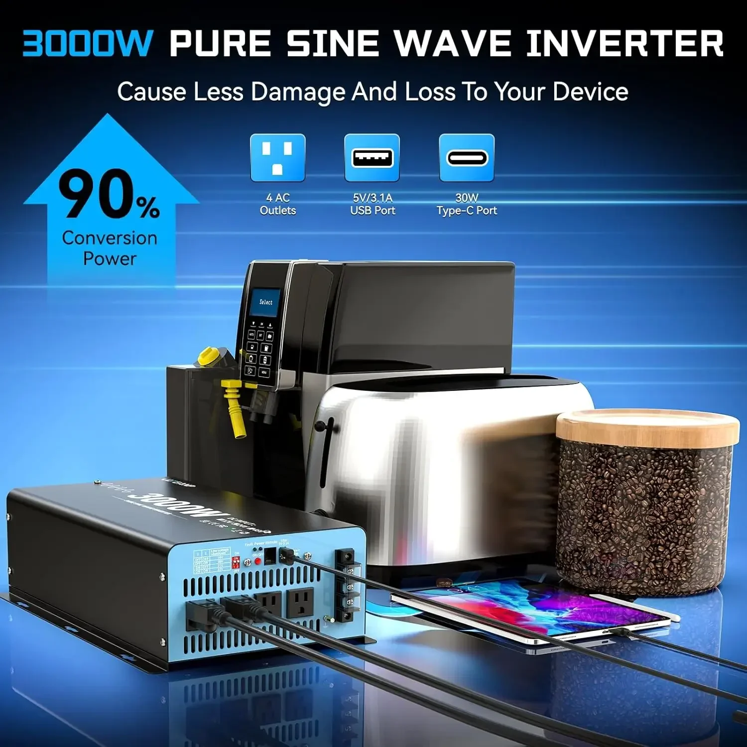 24V 3000 Watts Pure Sine Wave Inverter 24V DC to 110V AC, 6000W Peak Power, 4 AC Outlets, USB & Type-C Port, Adjustable Input fo